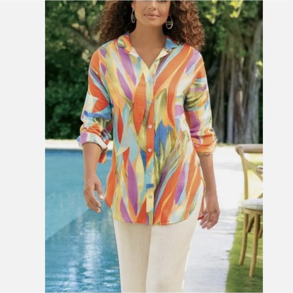 SOFT SURROUNDINGS 1X Peregrine Gauze Shirt Artsy Eclectic Tropical Resort Wear
